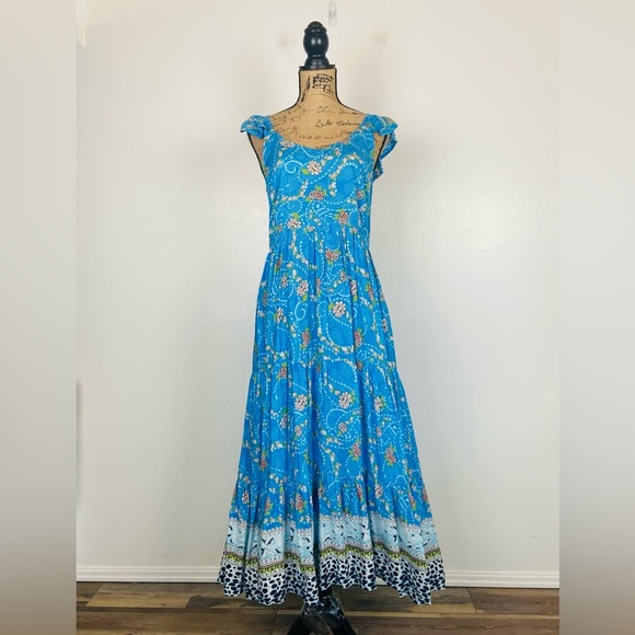 Sacred Threads Floral Tiered Maxi Dress L/XL Blue Flutter Sleeves Smocked Boho - Picture 1 of 12